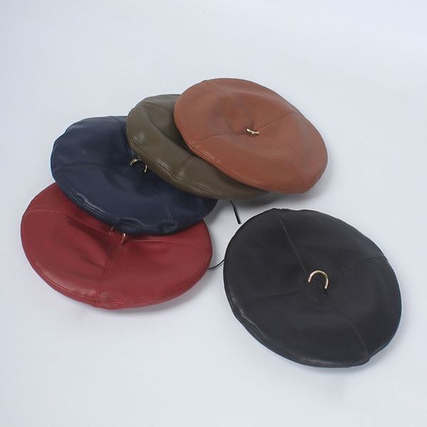 

klv simple wild women flat cap winter imitation leather beret fashion charming lady hat, Blue;gray