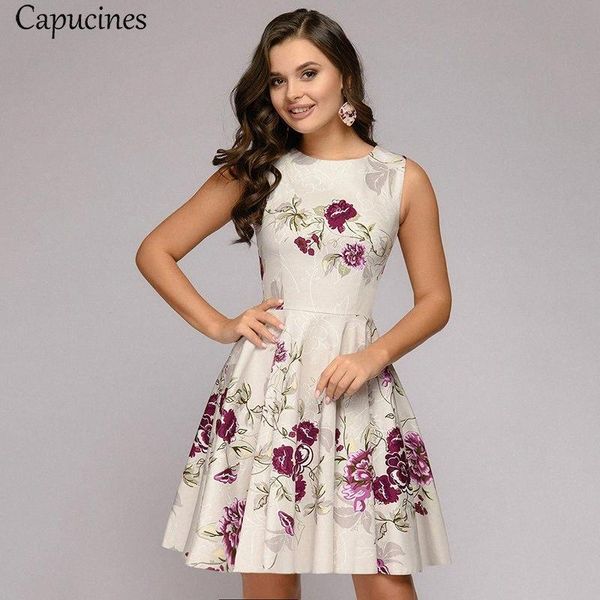 

Capucines Ladies Elegant Printing Creamy-white Summer Dress Casual Sleeveless Round Neck Mini A word Party Dress For Women Y200103 OUoL#