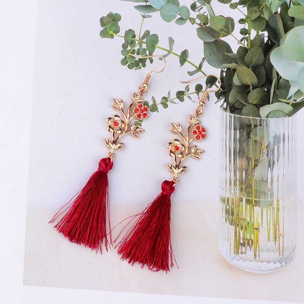 

elegant women flowers shape red fringe tassel earrings vintage boho gold drop wedding earrings ladies hqe816, Silver