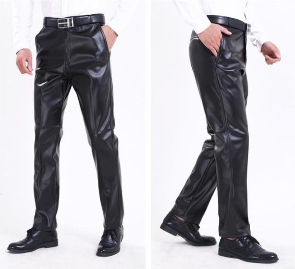 

spring aumumn men leather pants high waist straight moto biker trousers male pu faux leather casual pants, Black