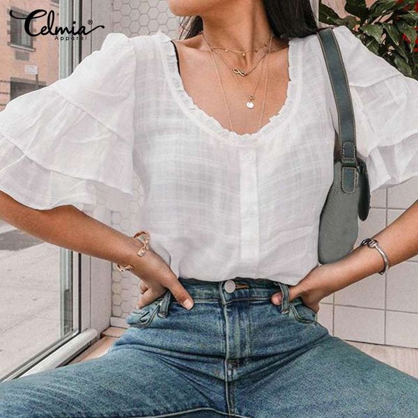 

5xl celmia women ruffles and blouses summer short sleeve casual loose shirts flare sleeve linen party blusas femininas 7, White