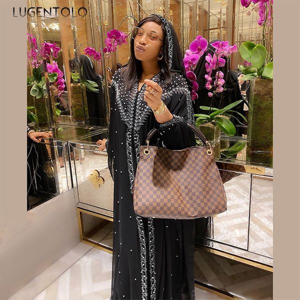 

casual dresses lugentolo vintage women elegant dress pearl chiffon diamond fashion muslm large-size long sleeve big swing lady maxi, Black;gray