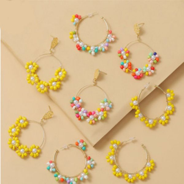 

hoop & huggie earrings 2021 shiny bohemian handmade flower rice bead women creative personality geometric woven beaded earri, Golden;silver