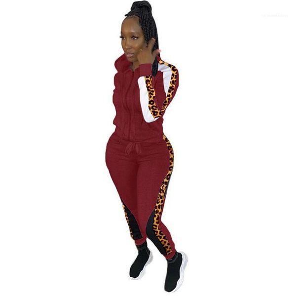 

tracksuits casual zip neck long sleeve ankle length pants women two piece set designer leopard panelled, Gray