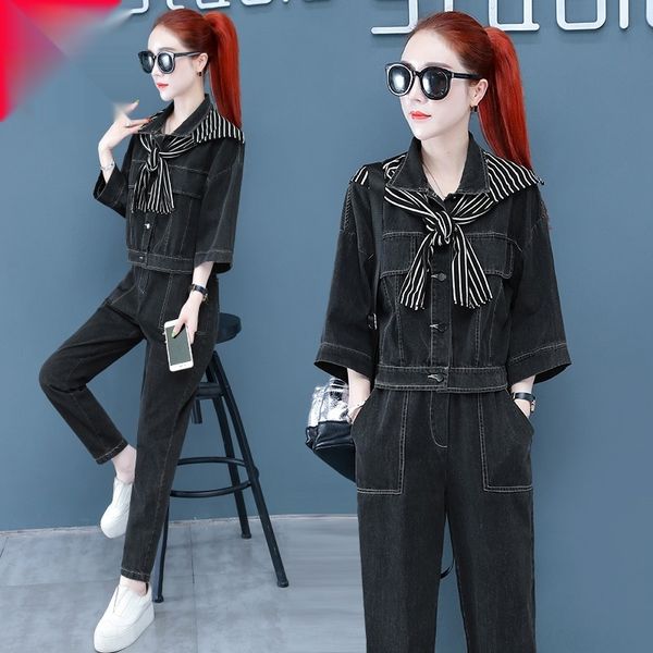 

casual suit women's early autumn fashionable jeans setpants suit pants suitjeans coat age-reducing two-piece new xyvri, Gray