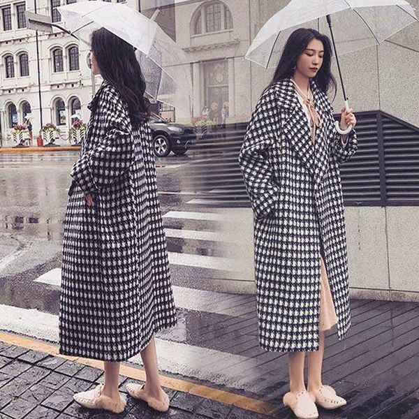 

2020 new fashion autumn winter new women's warm houndstooth woolen coat quality elegant long woolen coat female cc976, Black