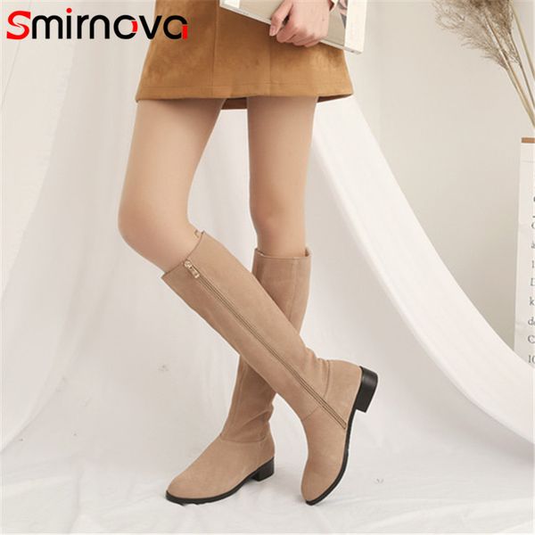 

boots smirnova 2021 casual cow suede leather long knee high autumn winter woman low heel big size ladies shoes zip, Black