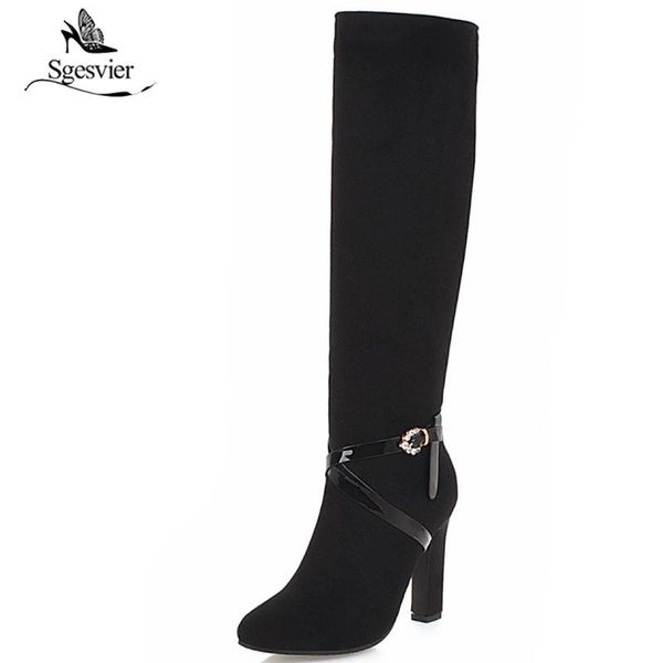 

sgesvier fashion winter 2020 block chunky high heels ladies shoes buckle strap knee high womens ridding boots black red b604