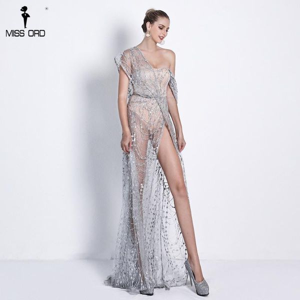 

missord 2020 off shoulder irregular neck backless dress elegant see through high split gliter dress ft18674, Black;gray
