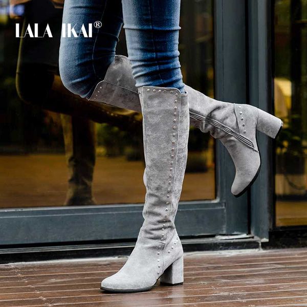 

lala ikai 2020 women retro rivet cavalier boots thick heeled point toe long boot ladies gray over-the-knee boots xwc6511-4, Black