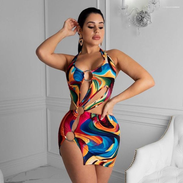 

beach wear laides iron ring irregular swimwear colourful print halter backless one piece jumpsuits womens designer draestring slim, White;black