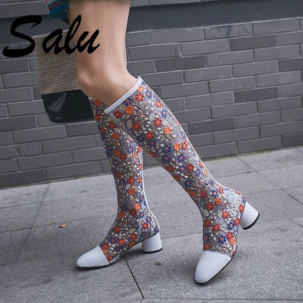 

salu 2020 women summer boots genuine leather 6 cm high heel platform mesh surface breathable fasion knee high boots, Black