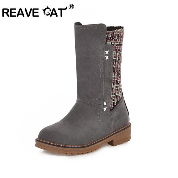 

reave cat winter shoes snow boots mid calf boots low thick heels patchwork winter flock slip on women botas mujer gray, Black