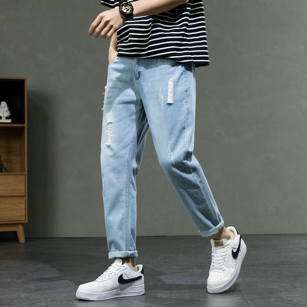 

summer thin and jeans men's jeans men's fashion brand stretch slim-fit ankle-length korean style trendy hole-breaking all-match pa, Blue