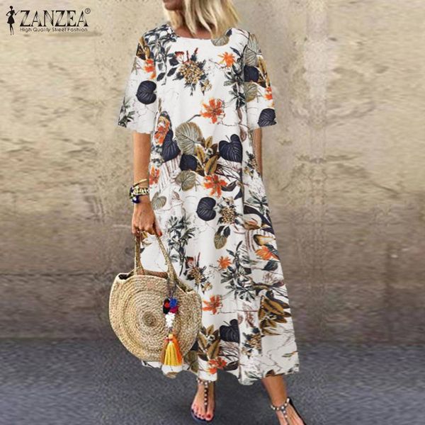 

kaftan o neck robe dress women's summer sundress 2020 zanzea casual floral tunic vestidos female printed maxi plus size 5xl, White;black