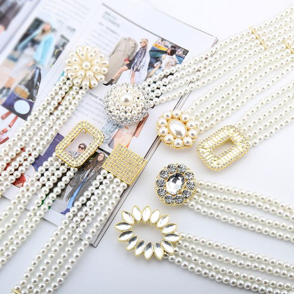

alloy buckle dress waistband elegant 1pcs waist chain four rows pearls bling crystal elastic stretch pearls belt decorative belt, Black;brown