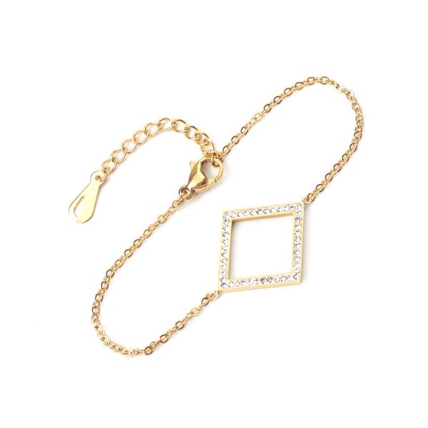 

fashion hollow rhombus bracelet stainless steel chain bracelets golden clear cubic zirconia jewelry for women 16.5cm long, 1 pc, Golden;silver
