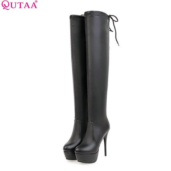 

qutaa 2020 thin high heel women over the knee high boots platform zipper pu leather all match women boots size 34-43, Black