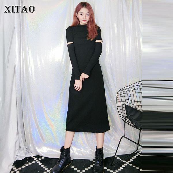 

xitao hole black dress women long pullover design sense minority small fresh casual style loose 2020 autumn dress dzl1517, Black;gray
