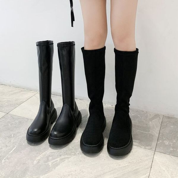 

boots fashion slip on platform shoes women black suede leather knee high long ladies winter botas de mujer