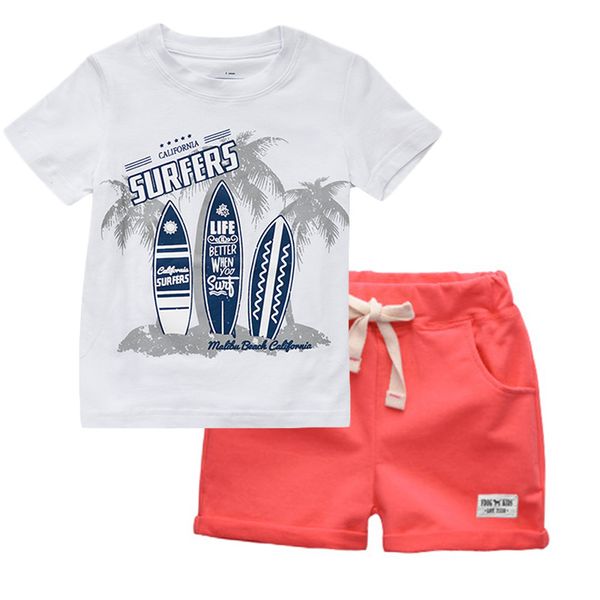 

biniduckling boys children clothing summer o-neck print short sleeve t-shirt pants beach kid boys cotton cartoon clothes sets, White