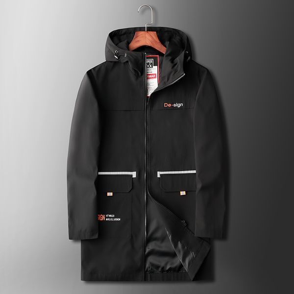 

plus size hooded zipper mens long trench coats 2021 new spring autumn winter casual solid letter embroidery jackets male, Tan;black
