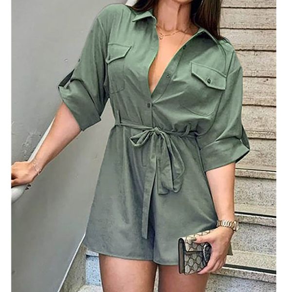 

office ladies elegant playsuits women short sleeve button lace up solid beach holiday casual rompers jumpsuits overalls, Black;white