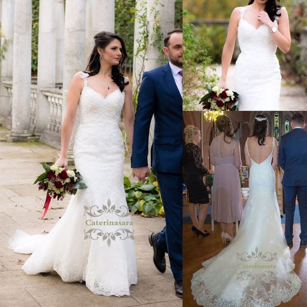 

affordable women wedding dresses mermaid floor length lace fishtail bride gown custom made with v-neck trumpet for girls outdoor, Blue;red