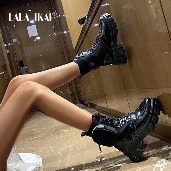 

lala ikai women thick bottom ankle boots mid boot pu lace-up fashion removable belt boots female 2020 autumn winter xwc10325-4, Black