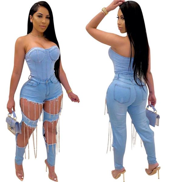 

women's jeans 2021 ins fashionable women with chain tasssels holes pencil light blue pockets summer autumn full length real images