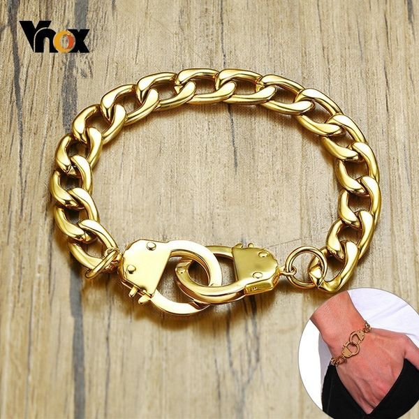 

vnox cool handcuffs shape bracelets for men 4 colors stainless steel curb chain links bracelets stylish punk male pulseira, Black