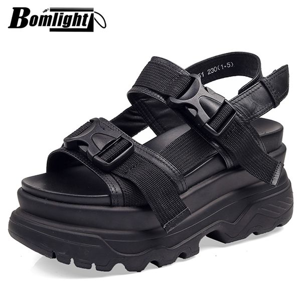 

8cm platform sandals women wedge high heels shoes women buckle leather canvas summer zapatos mujer slippers woman sandal shoes y200620, Black