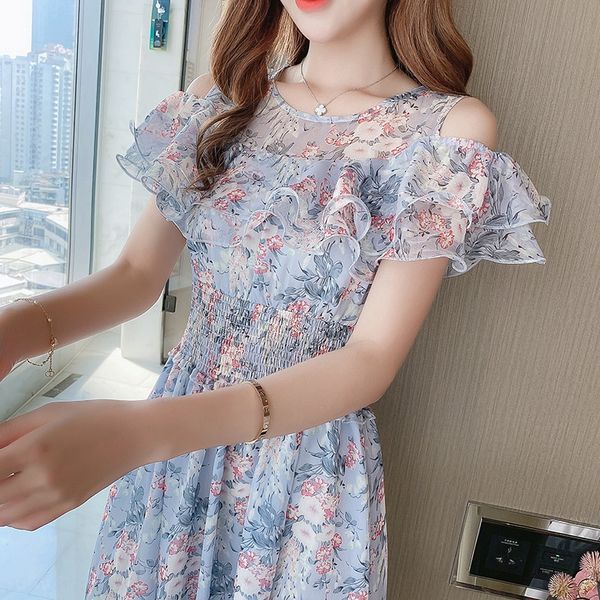 

floral the-shoulder summer 2020 waist slimming temperament french chiffon little man floral the-shoulder summer 2020 waist slimming dress dr, Black;gray