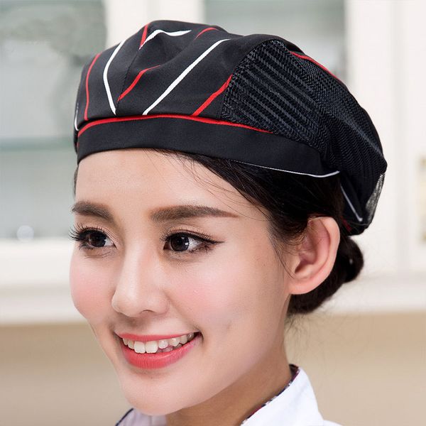 

men women mesh patchwork chef restaurant kitchen cooking work wear hats beret l bakey cafe waiter breathable cap 56-58cm, Blue;gray