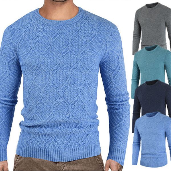 

2020 rhombic designs blue thick men's winter autumn sweater acrylic round neck pullover retro casual knit sweater for men, White;black