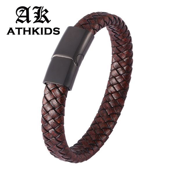 

charm bracelets fashion vintage brown braided leather bracelet men stainless steel magnetic buckle wrist band male bangles pd0499, Golden;silver