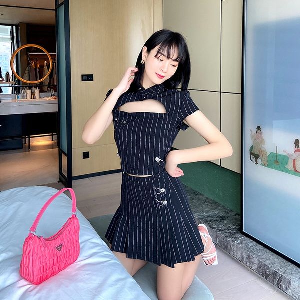 

women's summer new black striped hollow-out high waist a over two-piece set pleated skirt pleated skirt g3y7s, Gray