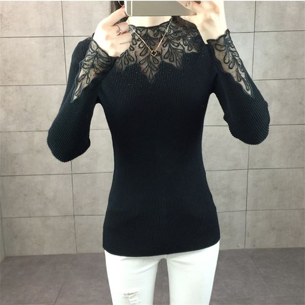 

new all-match autumn winter elasticity knit bottoming pullovers sweaters ladies lace slim knitted sweater jumper women top, White;black