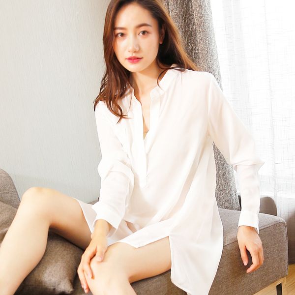 

nightgown chiffon lingerie white long sleeve blouse nightdress summer new sale micro through my pajamas shirt skirt, Black;red