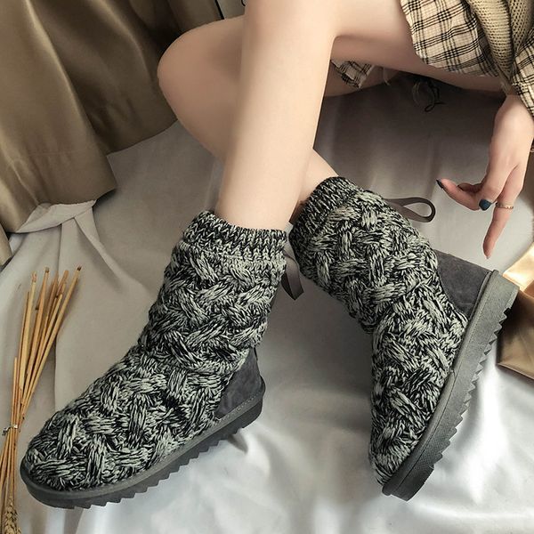 

winter2020round-headed snow boots women's middle cylinder knitted wool boots with velvet flat-bottomed slip-proofwarmcottonshoes, Black
