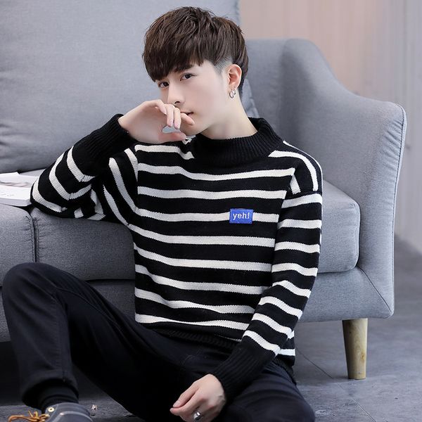 

cross 2020 men's striped thick pullover knitting shirt youth round neck loose half-collar sweater, White;black
