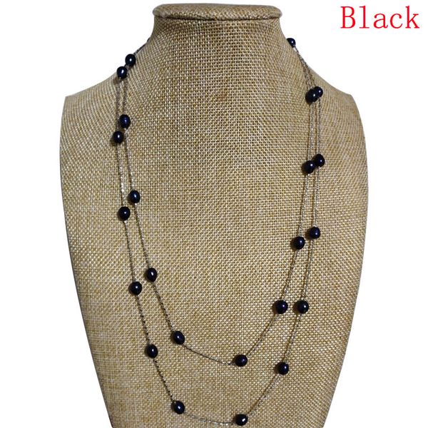 

47 inches 7-8mm black natural rice pearl long chain tin cup necklace, Silver