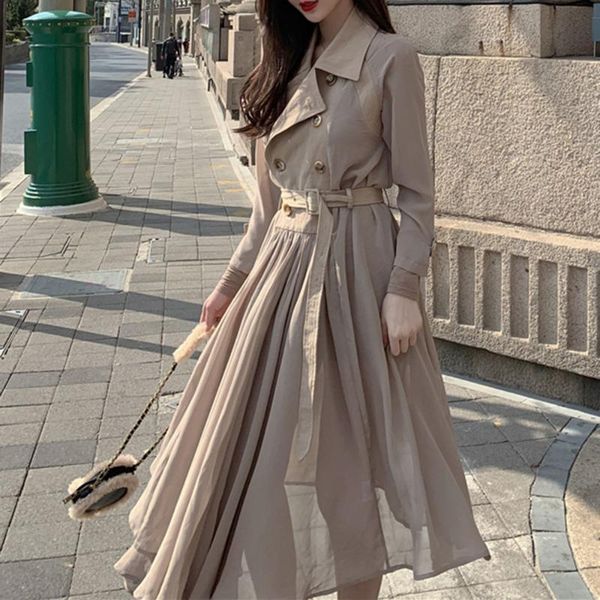 

lace patchwork windbreaker female autumn korean over the knee mid-length long wild double breasted long sleeves coat 2020 hot, Tan;black