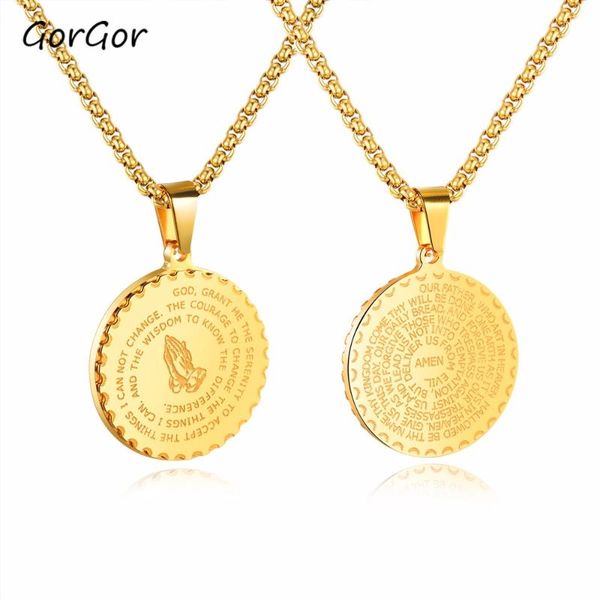 

gorgor simple exquise christian prayer hand round brand scripture men's and women's titanium steel pendant necklace 1456, Silver