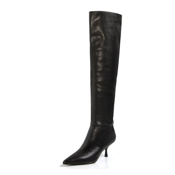 

genuine leather knee high boots fashion women boots stiletto high heels pointed toe ladies party wedding shoes big size 33-43, Black