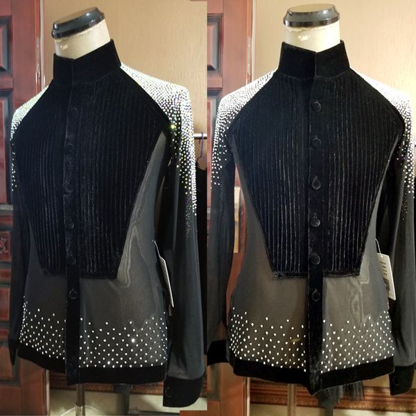 

stage wear men latin dance shirts black velvet mesh shiny rhinestone male competition tango salsa cha clothes dnv13509, Black;red