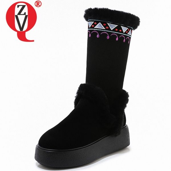 

zvq winter new fashion snow boots outside plush warm high heels platform boots round toe cow suede zip women shoes drop shipping, Black