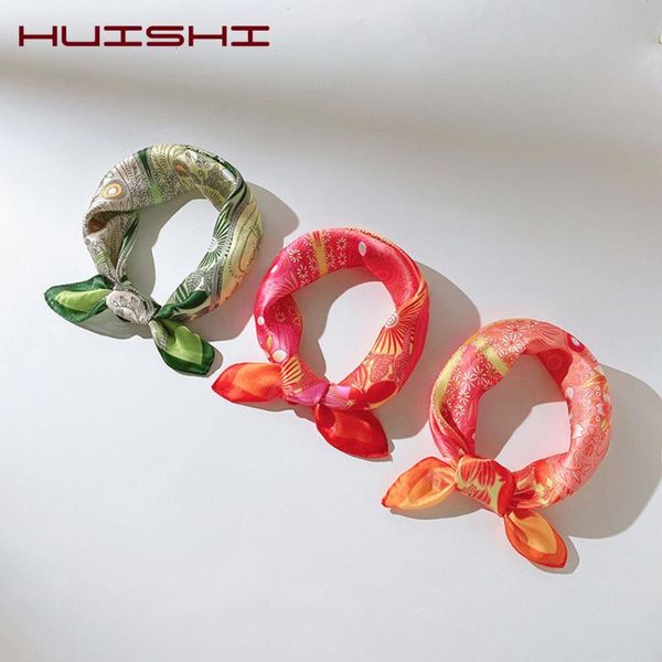 

huishi women flower scarf silk leaves design girls neckerchief hair band bag handle wraps small neck scarves lady gift bandanna, Blue;gray