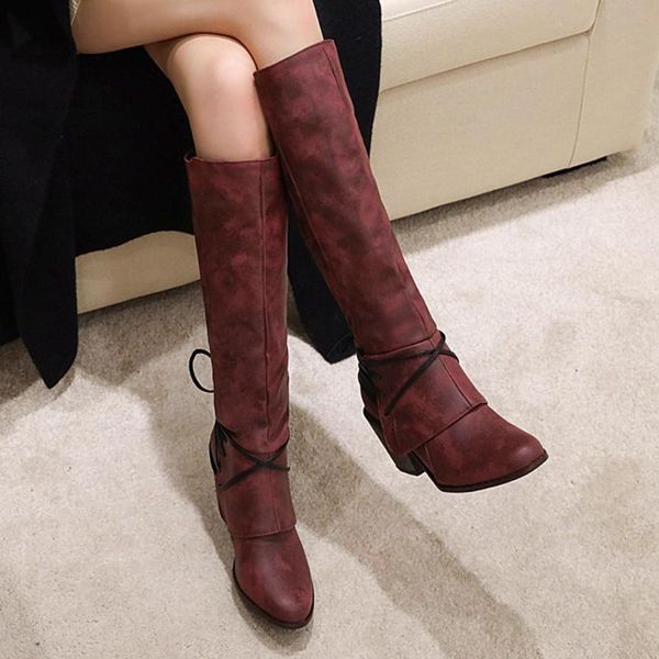 

women knight boots autumn winter pu leather boots with thick female stretch shoes woman knee-length shoes botas de mujer, Black