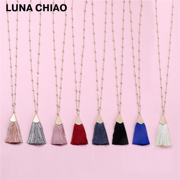 

chiao fall trendy 80cm long ball link chain brushed gold cap silk fan fringe tassel pendant necklace, Silver